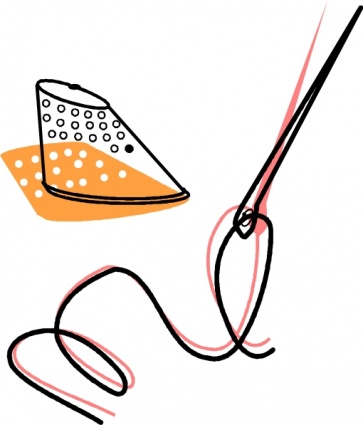 Hand-drawn illustration of a thimble, needle, and thread-classic sewing tools in orange, black, and pink.