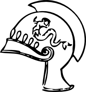 Black-and-white line drawing of a classical Greek Corinthian helmet with decorative crest and cheek guards.