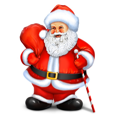 Jolly Santa Claus in red suit holding gift sack and candy cane, smiling warmly against white background.