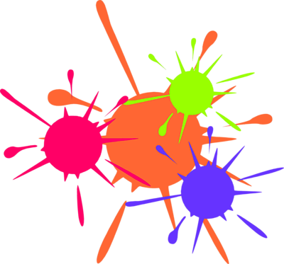 Vibrant neon paint splatters in pink, orange, green, and purple on black background.