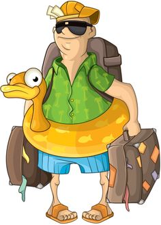 Cartoon traveler wearing sunglasses, hat, and green shirt, holding a yellow duck floatie and two suitcases.