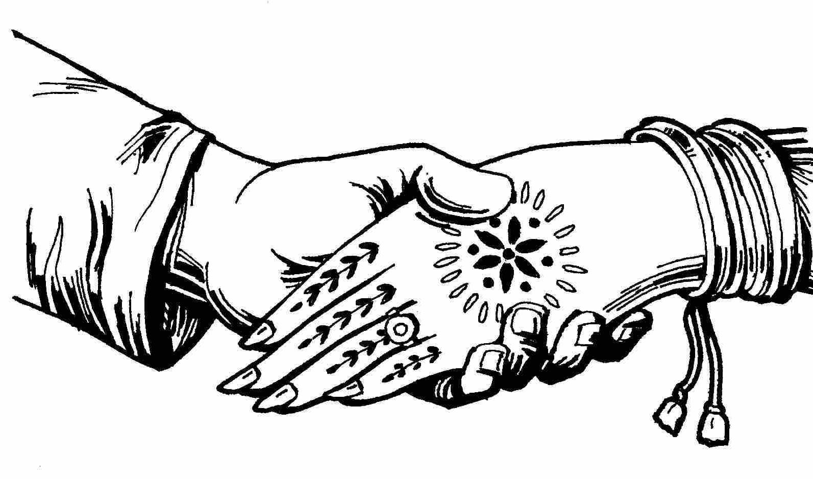 Two hands shaking, one adorned with intricate henna patterns and bangles, symbolizing cultural unity and celebration.