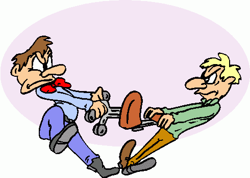 Two cartoon men in a comical tug-of-war over a wheeled office chair, expressing frustration and determination.
