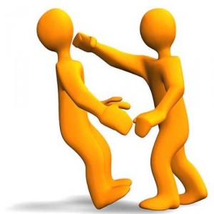 Two orange 3D figures in a confrontational pose, one punching the other.