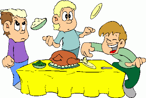 Three cartoon boys at a dinner table with a roasted turkey; one laughs while food flies mid-air.