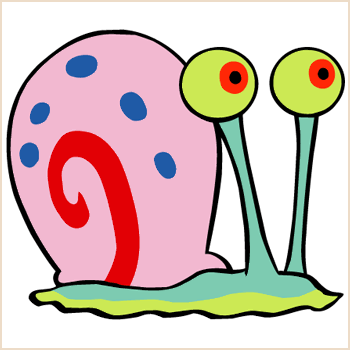 Cartoon snail with pink shell, blue spots, red spiral, and large green eyes on stalks.