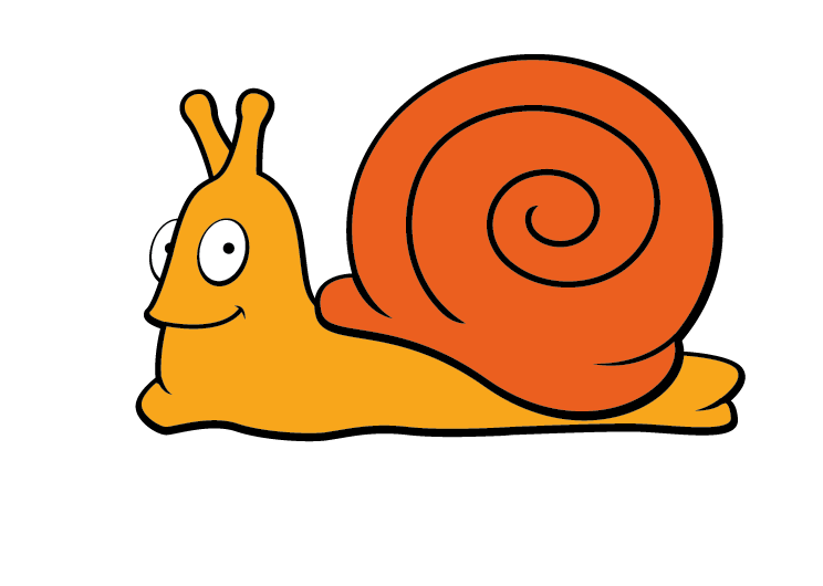 Cheerful orange cartoon snail with a spiral shell and smiling face, isolated on white background.