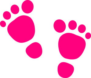 Two bright pink cartoon-style footprints on a black background, suggesting baby steps or early childhood.