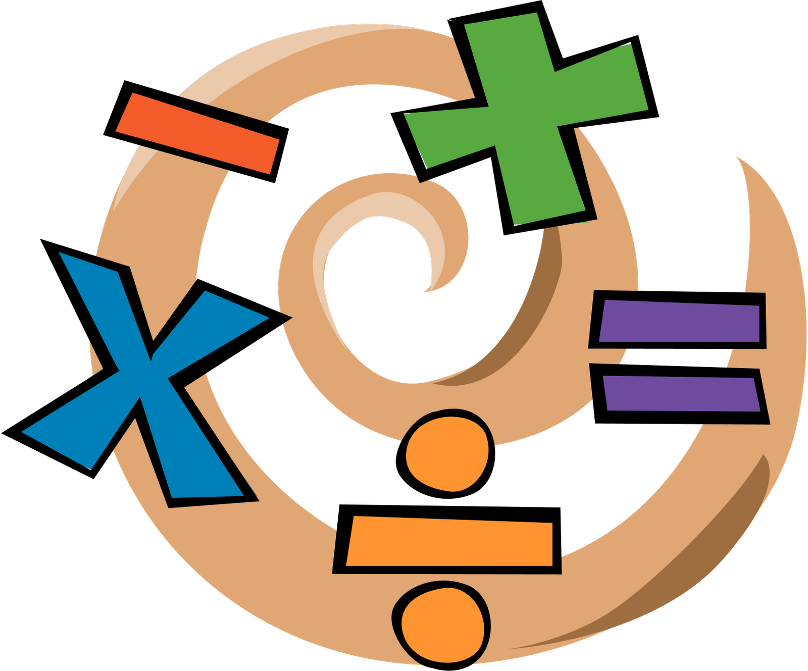 Colorful math symbols-plus, minus, multiply, divide, equals-arranged in a dynamic spiral on black background.