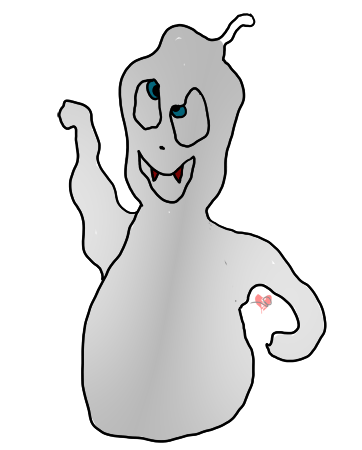 Friendly cartoon ghost with blue eyes, fangs, and a heart tattoo waving cheerfully.