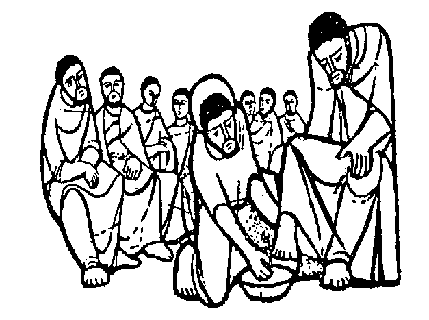 Jesus washing the feet of a disciple while others watch, symbolizing humility and service.