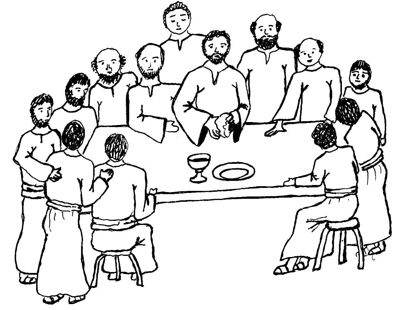 Black-and-white line drawing of Jesus and the Twelve Apostles gathered around a table for the Last Supper, with bread and wine present.
