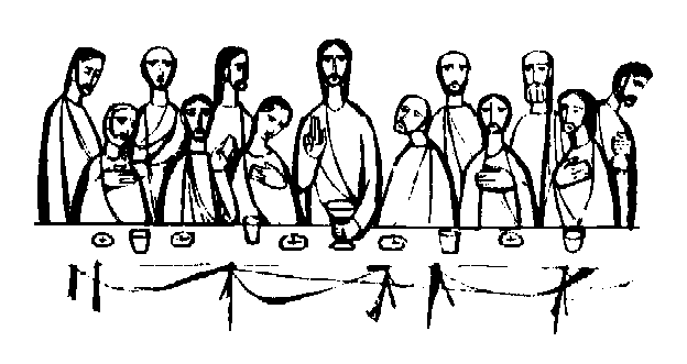 Line drawing of Jesus and the Twelve Apostles seated at a long table during the Last Supper, with bread, cups, and gestures of blessing.
