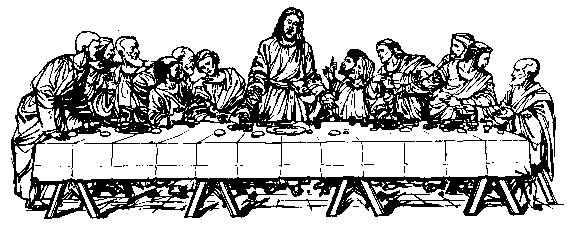 Black-and-white line drawing of Jesus and the Twelve Apostles at the Last Supper, seated around a long table with bread and wine.
