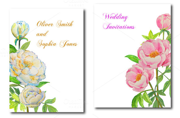 Watercolor peony wedding invitation design with gold and purple script text on white background