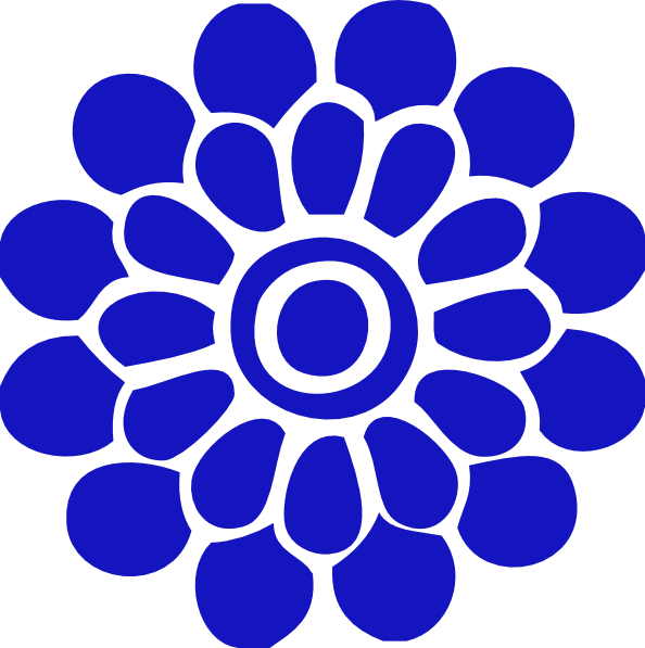 Blue stylized floral logo with concentric circular design and petal-like shapes on white background.