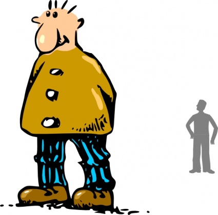 Cartoon man in oversized yellow coat and blue pants standing beside a small gray silhouette figure.