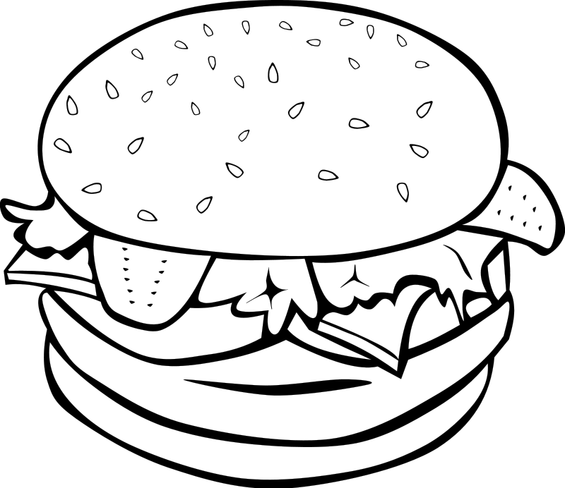 Black-and-white line drawing of a classic hamburger with sesame seed bun, lettuce, tomato, cheese, and patty.