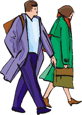 Two professionals walking side by side, man in purple coat with backpack, woman in green coat carrying briefcase.
