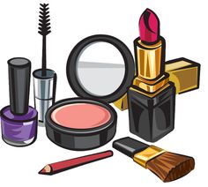 A colorful assortment of makeup products including lipstick, mascara, nail polish, blush, eyeliner pencil, brush, and compact mirror.