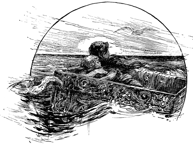Vintage Illustration of Woman in Ornate Boat at Sea