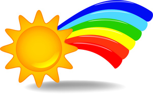 Bright yellow sun with a colorful rainbow arching from its right side, symbolizing hope and positivity.