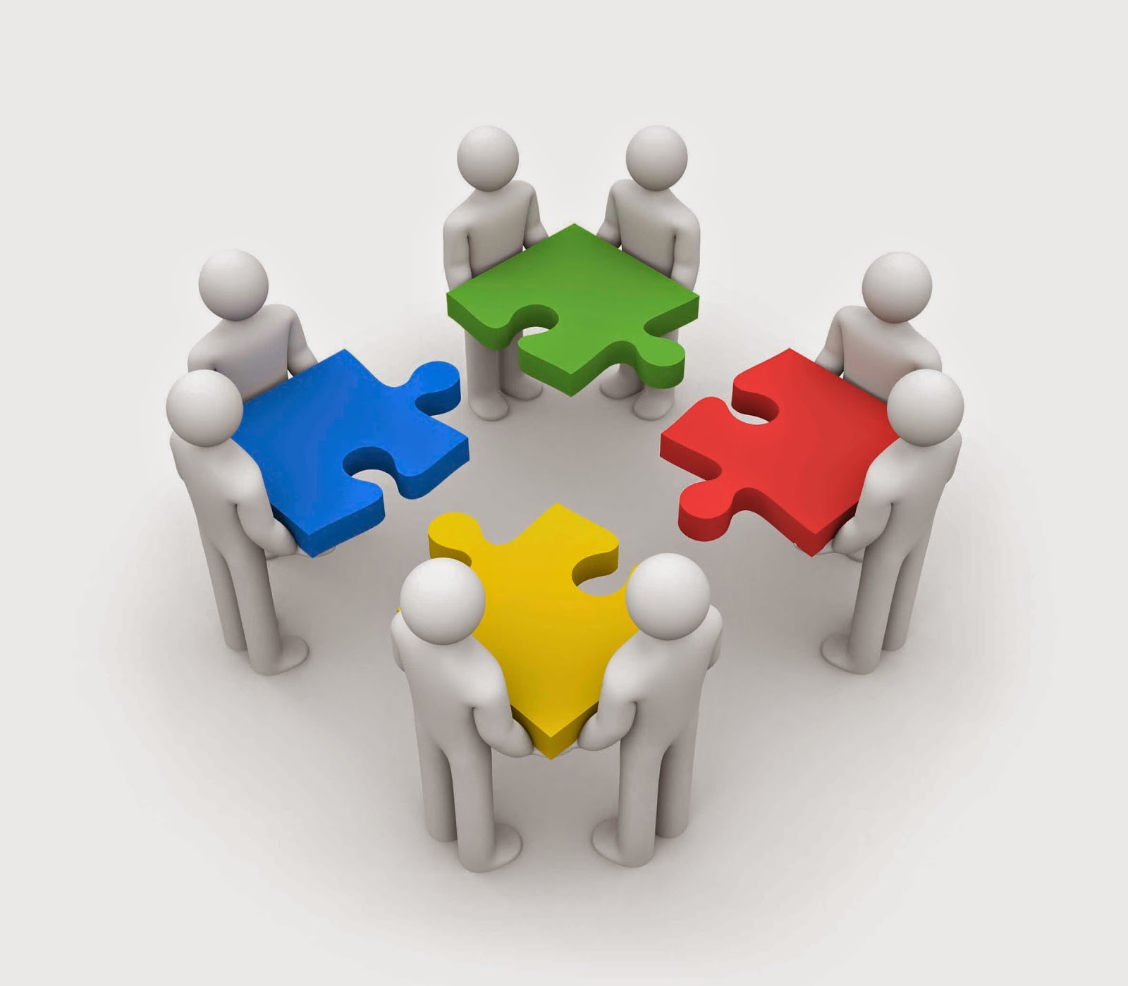 Six stylized figures holding colorful puzzle pieces in a circle, symbolizing teamwork and collaboration.