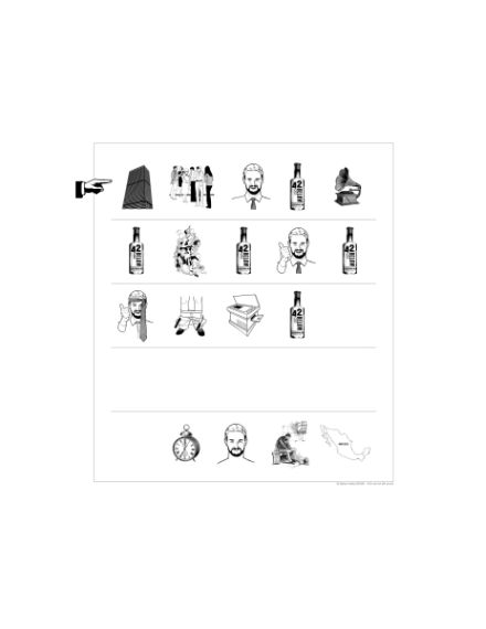 A grid of black-and-white line icons including bottles, faces, a clock, a map of Mexico, and a pointing hand, arranged in rows for visual categorization.