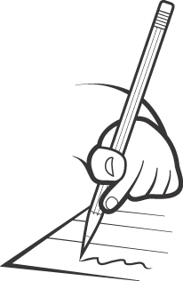 Hand holding pencil writing on lined paper, sketch-style illustration.