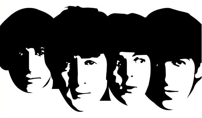 Black-and-white silhouette illustration of The Beatles' four members in profile, iconic 1960s haircuts and facial features.