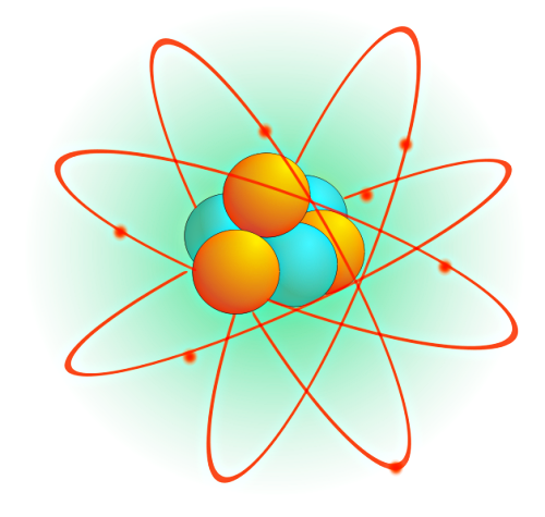 Colorful illustration of an atom with a nucleus of orange and blue spheres surrounded by red electron orbits.