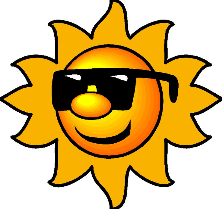 Smiling cartoon sun wearing black sunglasses with orange rays and cheerful expression.