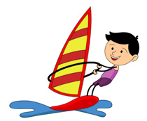 A smiling cartoon boy windsurfing on a red board with a yellow-and-red striped sail.