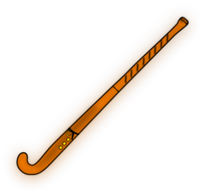 Orange field hockey stick with curved head and grip details on black background