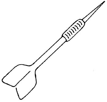 Simple line drawing of a dart with flights, barrel, and pointed tip.
