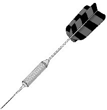A black-and-white dart with a checkered fletching and textured grip, angled diagonally against a white background.
