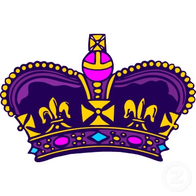 A stylized royal crown in purple and gold with fleur-de-lis motifs, a central orb, and gemstone accents.