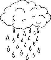 Simple black-and-white line drawing of a fluffy cloud with raindrops falling beneath it.