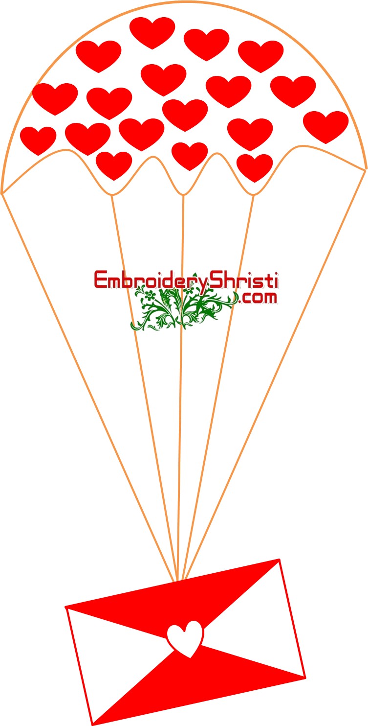 Red heart-filled parachute delivering a love letter envelope, symbolic of romantic message delivery.