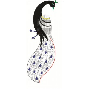 Stylized black-and-white peacock with intricate feather patterns and a green crest, artistic line drawing on white background.