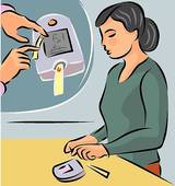 Woman using a glucose meter to check blood sugar levels, with inset showing finger-prick test.
