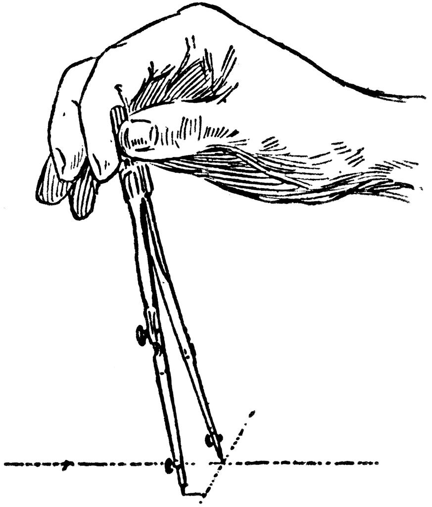Hand holding a drafting compass drawing a circle on paper, line art illustration.