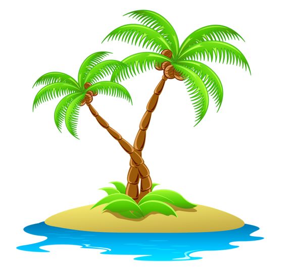 Two green palm trees on a small sandy island surrounded by blue water.