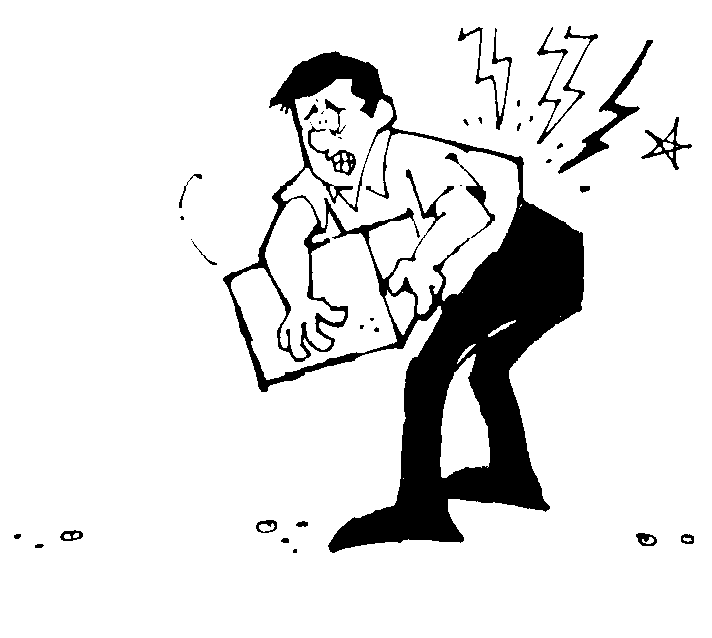 Man grimacing in pain while lifting a heavy box, lightning bolts indicating back injury.