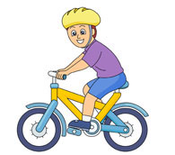 Smiling child wearing a yellow helmet rides a yellow and blue bicycle.