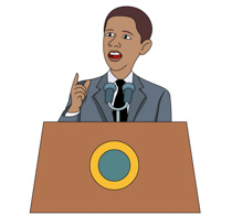 A cartoon illustration of a man in a suit speaking at a podium with a circular emblem.