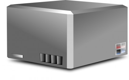 Gray metallic server unit with ventilation slots and status indicator lights on front and side.