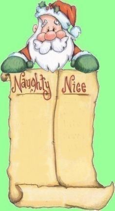 Santa Claus holding a scroll listing "Naughty" and "Nice" with a concerned expression.