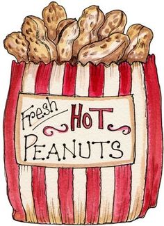 Illustration of a red-and-white striped bag overflowing with roasted peanuts, labeled "Fresh Hot Peanuts".