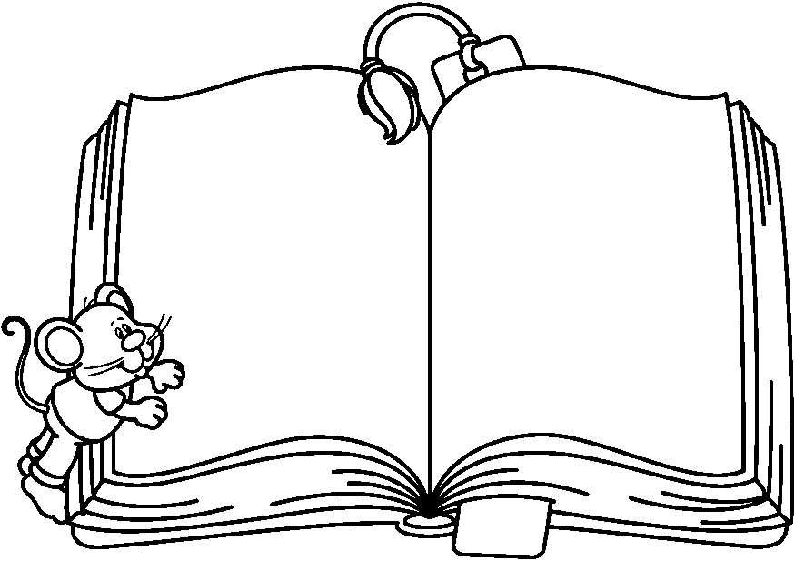 A cartoon mouse peeks from behind a large open book with a bookmark and reading glasses resting on top.